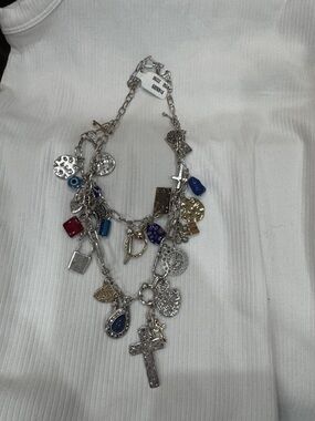 Free People Silver-Tone Multi-Charm Necklace with Blue and Red Accents